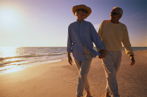 Older Couple Walking Along Beach